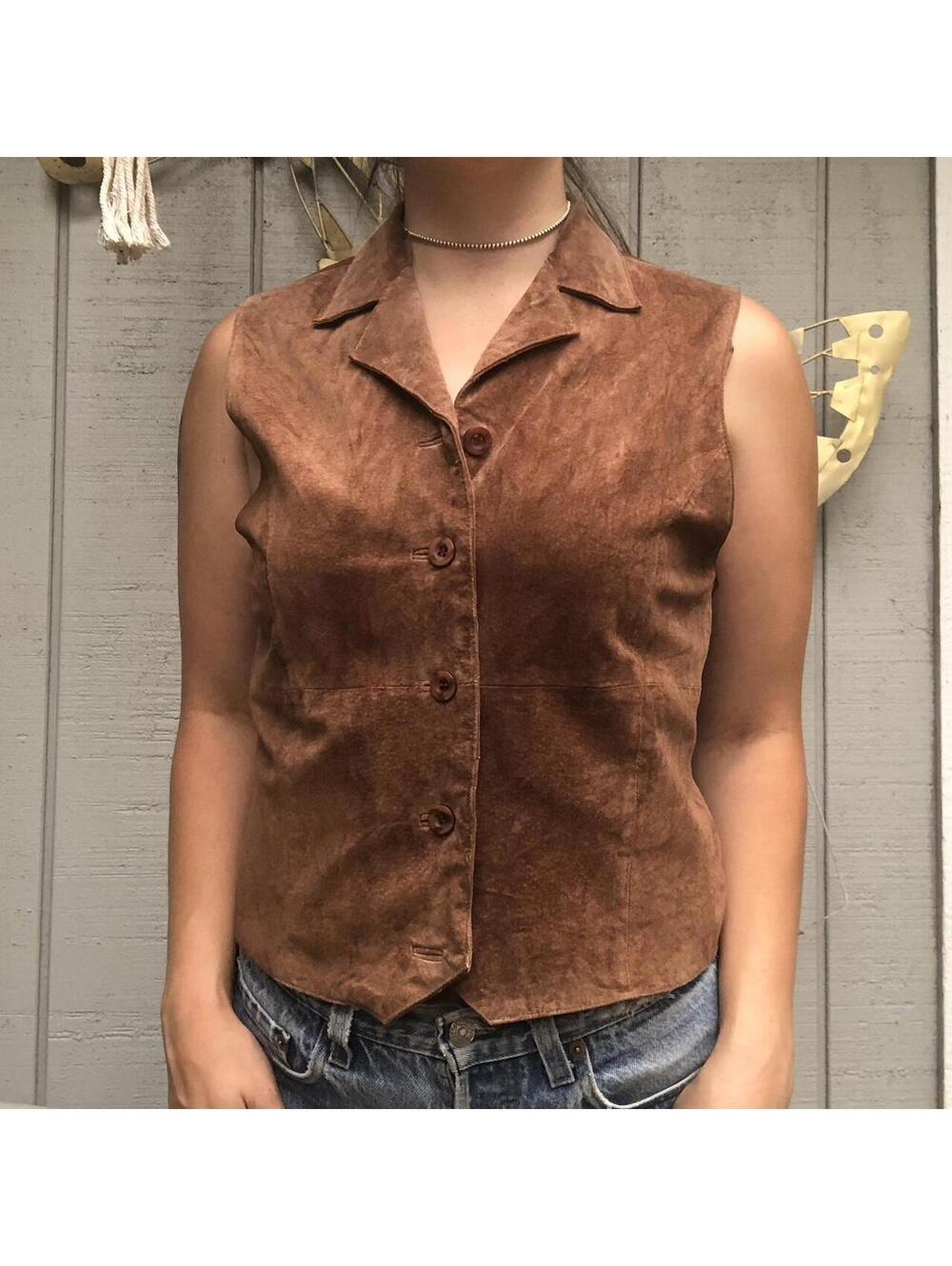 Vintage 90s Western Leather Vest Fawn Colored Sz M Savannah Cowgirl Rodeo